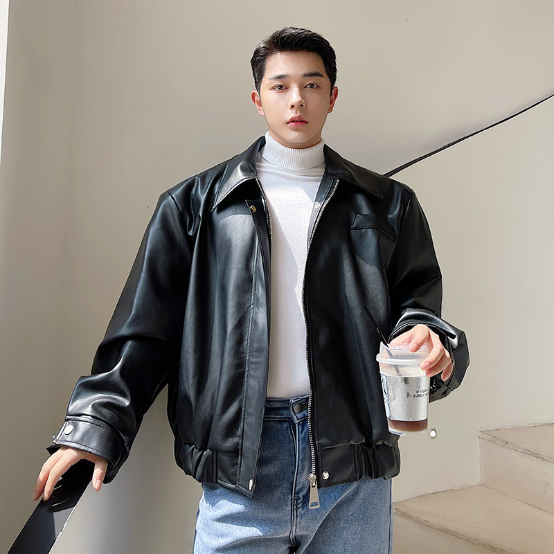 帅气短款休闲夹克PU皮衣男ins复古廓形垫肩机车服韩版H1500P130,男装皮衣,星座1114（原A254）