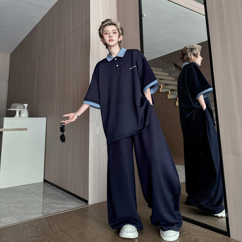 假两件拼格子POLO领短袖T恤套装一套衣服弯刀裤潮H2260P175,男装休闲套装,星座1114（原A254）