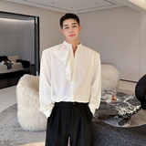 法式气质设计感立领长袖衬衣男宽松发型师衬衫韩版潮牌H2088P75，男装衬衫，电商A254