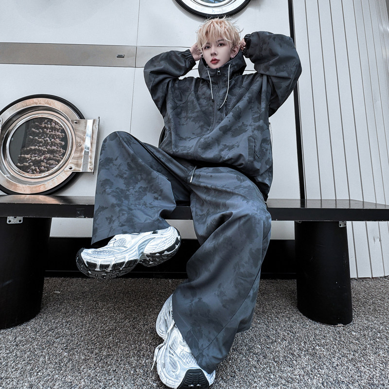 美式蜡染套装一套衣服连帽防晒衣夹克弯刀休闲裤潮H2258P190,男装防晒衣,星座1114（原A254）