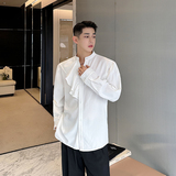 法式气质设计感立领长袖衬衣男宽松发型师衬衫韩版潮牌H2088P75，男装衬衫，电商A254