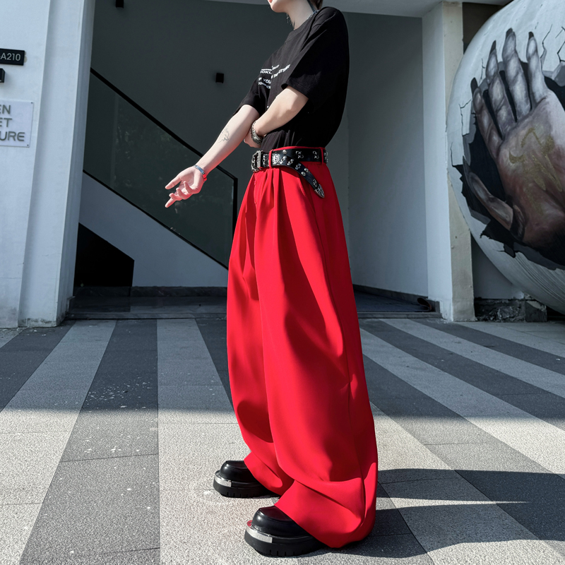 美式弯刀红色阔腿裤男女显瘦休闲裤垂感休闲拖地长裤潮H2265P90，男装休闲裤，星座1114（原A254）