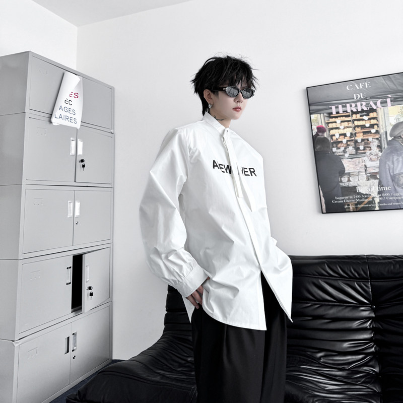 网红高级感金属扣飘带设计师款衬衫男女字母印花衬衣潮H2185P80,男装衬衫,星座1114（原A254）