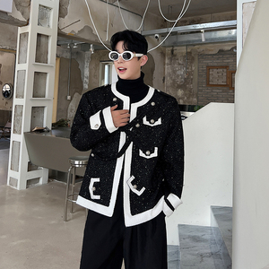 设计感黑白撞色小香风外套ins网红时髦珠片呢料西装男 H2019 P150图片