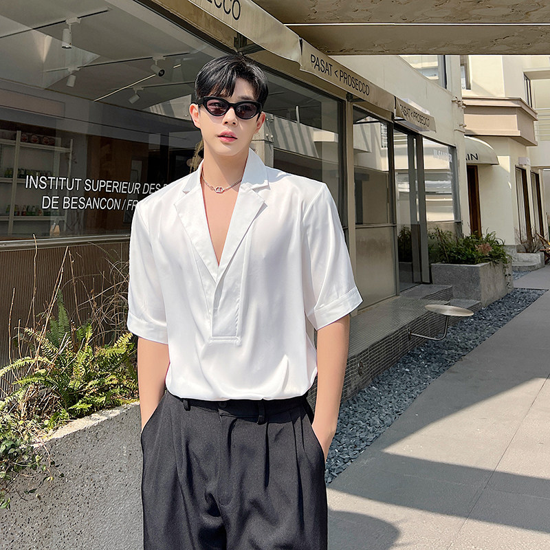 原创夏季高级感西装领短袖衬衫男韩版设计款休闲衬衣潮H1876P75,男装衬衫,星座1114（原A254）