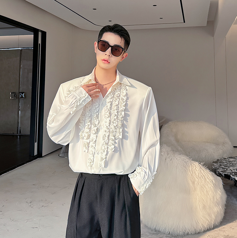 华尔缎亮面气质长袖衬衫小众设计感宫廷风荷叶边衬衣潮H2087P85，男装衬衫，星座1114（原A254）