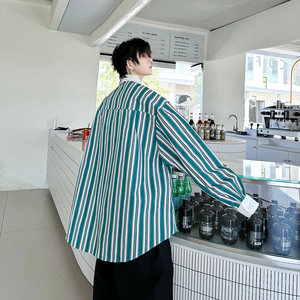 美式炸街高级感条纹撞色衬衫男女小众韩版网红衬衣潮流 H2051 P90图片