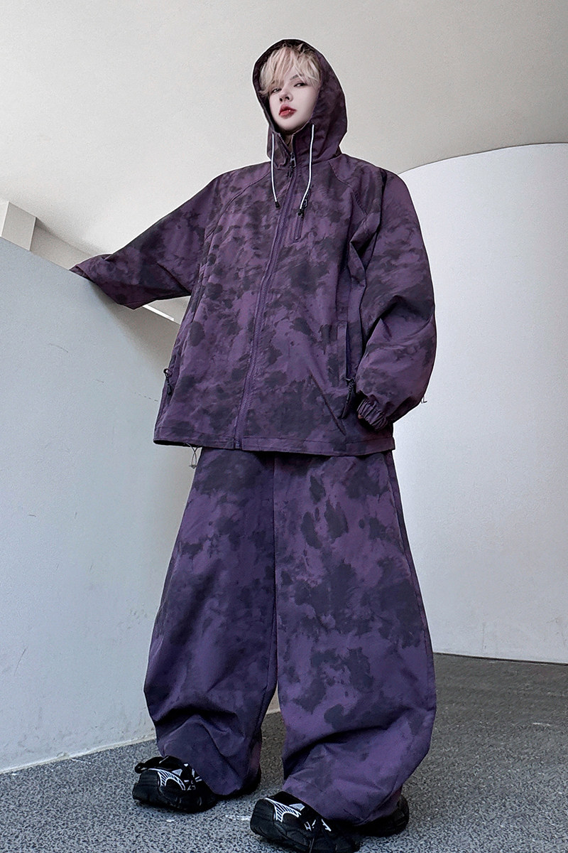 美式蜡染套装一套衣服连帽防晒衣夹克弯刀休闲裤潮H2258P190,男装防晒衣,星座1114（原A254）