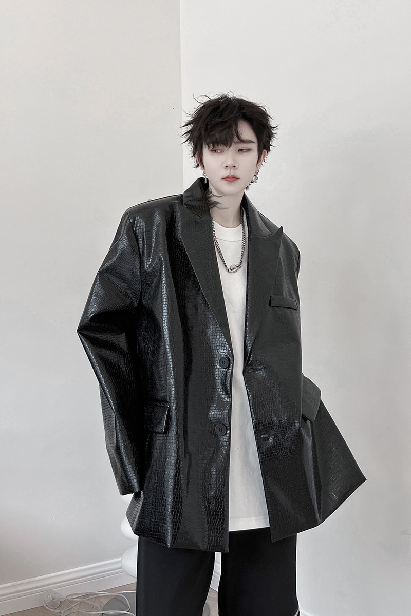 小众亮皮西装外套男PU鳄鱼皮垫肩西服高级上衣潮流H1996P125,男装西服,星座1114（原A254）