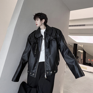 小众解构设计师款PU皮衣夹克外套男金属高级机车服潮流H1976P135