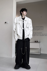 小众解构设计师款PU皮衣夹克外套男金属高级机车服潮流H1976 P135图片