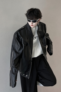 小众解构设计师款PU皮衣夹克外套男金属高级机车服潮流H1976 P135图片