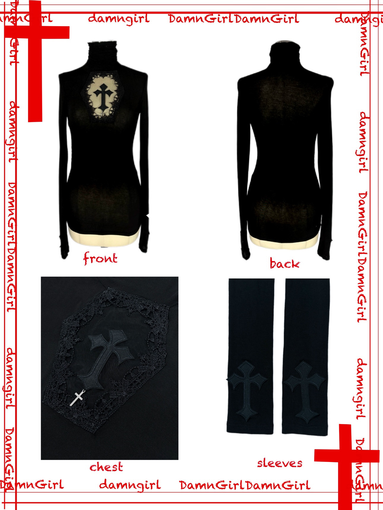 thumbnail for DamnGirl[Spot] Original Dark Gothic Cross Cutout Slightly Sheer High Neck Bottom Knit Layer