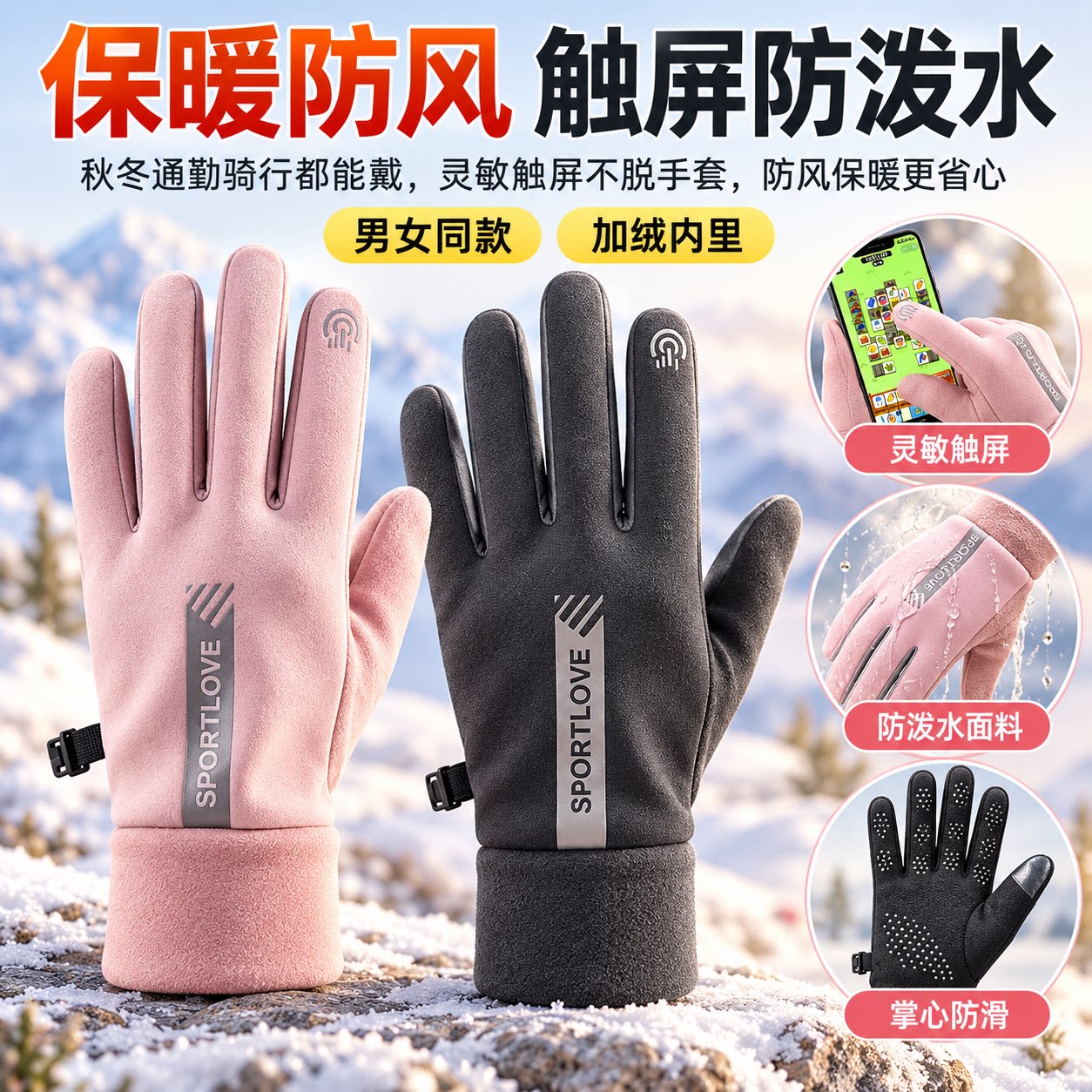 冬季骑行运动保暖手套男女防泼水防风防寒情侣骑车开车防滑触屏新