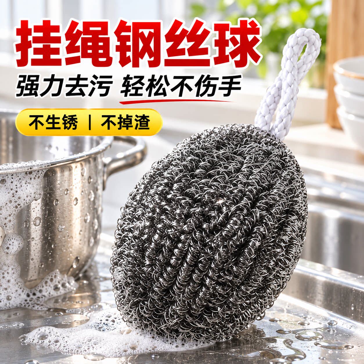 钢丝球自带挂绳不锈钢清洁球不掉丝不生锈家用厨房刷铁锅洗碗神器