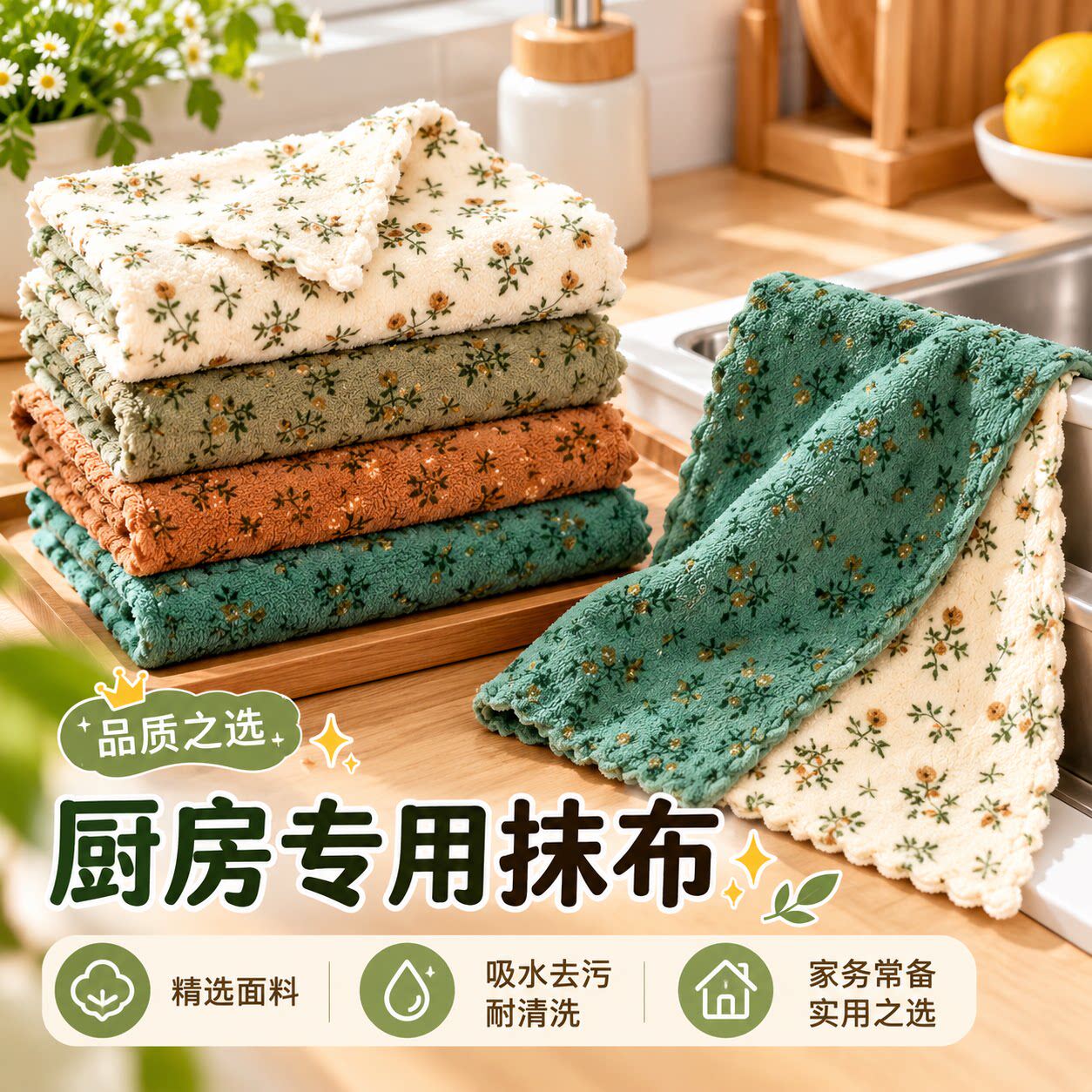 加厚不沾油洗碗方巾4条装复古碎花抹布厨房百洁布清洁手巾毛巾