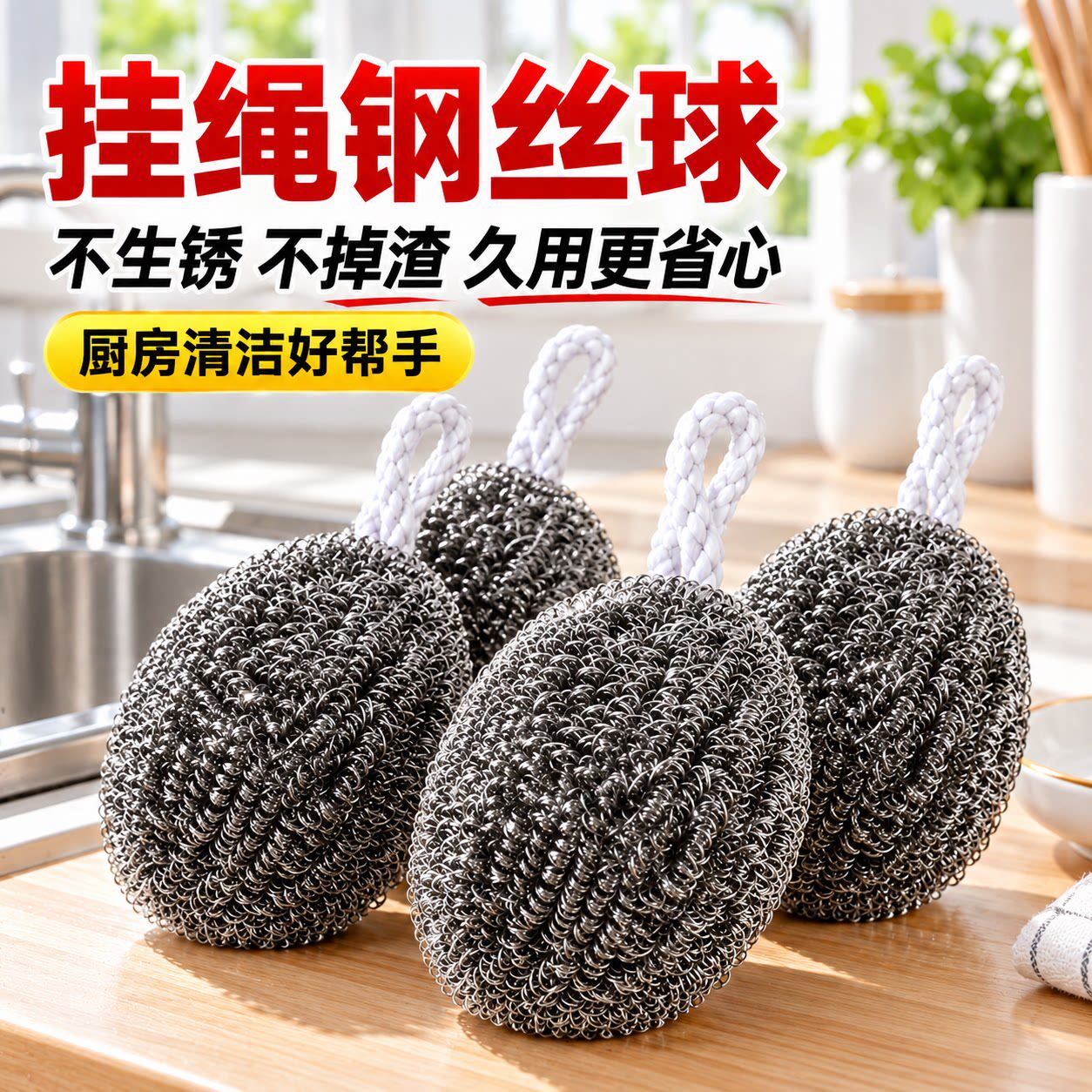 不掉丝不生锈不锈钢钢丝球自带挂绳家用厨房刷铁锅洗碗清洁神器
