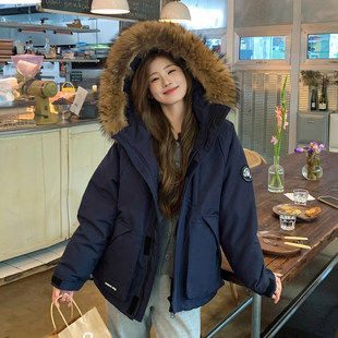 慵懒风派克服棉服 藏青色复古加厚夹棉连帽外套女胖mm美式 大码 女装