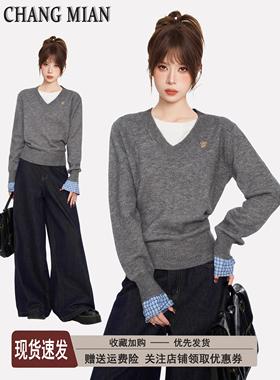 灰色V领假两件长袖针织毛衣女早春季短款内搭打底衫修身上衣春秋