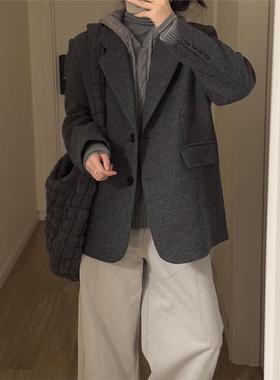 灰色西装呢子大衣女短款韩系2025新款秋冬加厚小个子毛呢外套