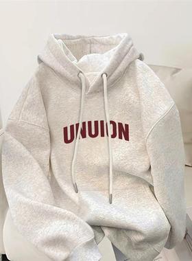 灰色连帽卫衣女2025春季新款爆款宽松大码上衣设计感小众薄款外套