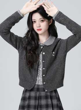 灰色polo领假两件针织开衫女春秋2025秋新款撞色翻领毛衣短款上衣