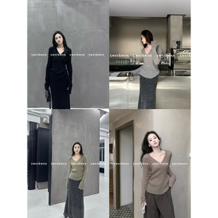 剪裁春夏百搭款 修身 V领显瘦针织上衣 慵懒开衩袖