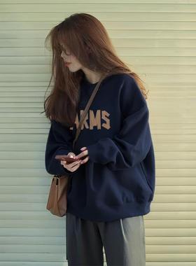 藏蓝色圆领卫衣女加绒加厚2025新款秋冬季宽松慵懒风韩系无帽上衣