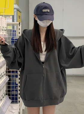 深灰色连帽拉炼卫衣女春秋薄款2025新款宽松开衫外套秋冬长袖上衣