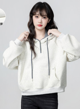 浅灰色连帽加绒卫衣女秋冬2025冬季新款宽松加厚套头帽衫短款上衣