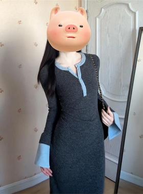法式灰色长袖针织连衣裙子女装2025新款秋季穿搭气质修身显瘦长裙