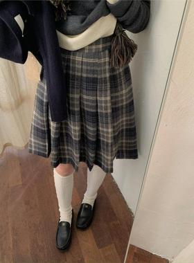 韩版灰色格子百褶裙女秋冬新款大码半裙高腰显瘦学院风格纹中裙