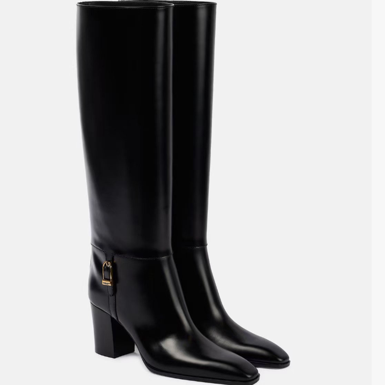 秋冬新款粗跟真皮高跟高筒时装靴皮带扣方头女靴大码4043444546