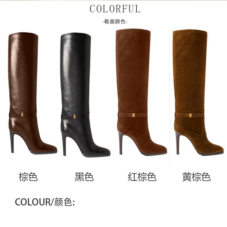 圆头细跟冬季金属装饰时装靴高跟高筒靴真皮女靴大码4043444546