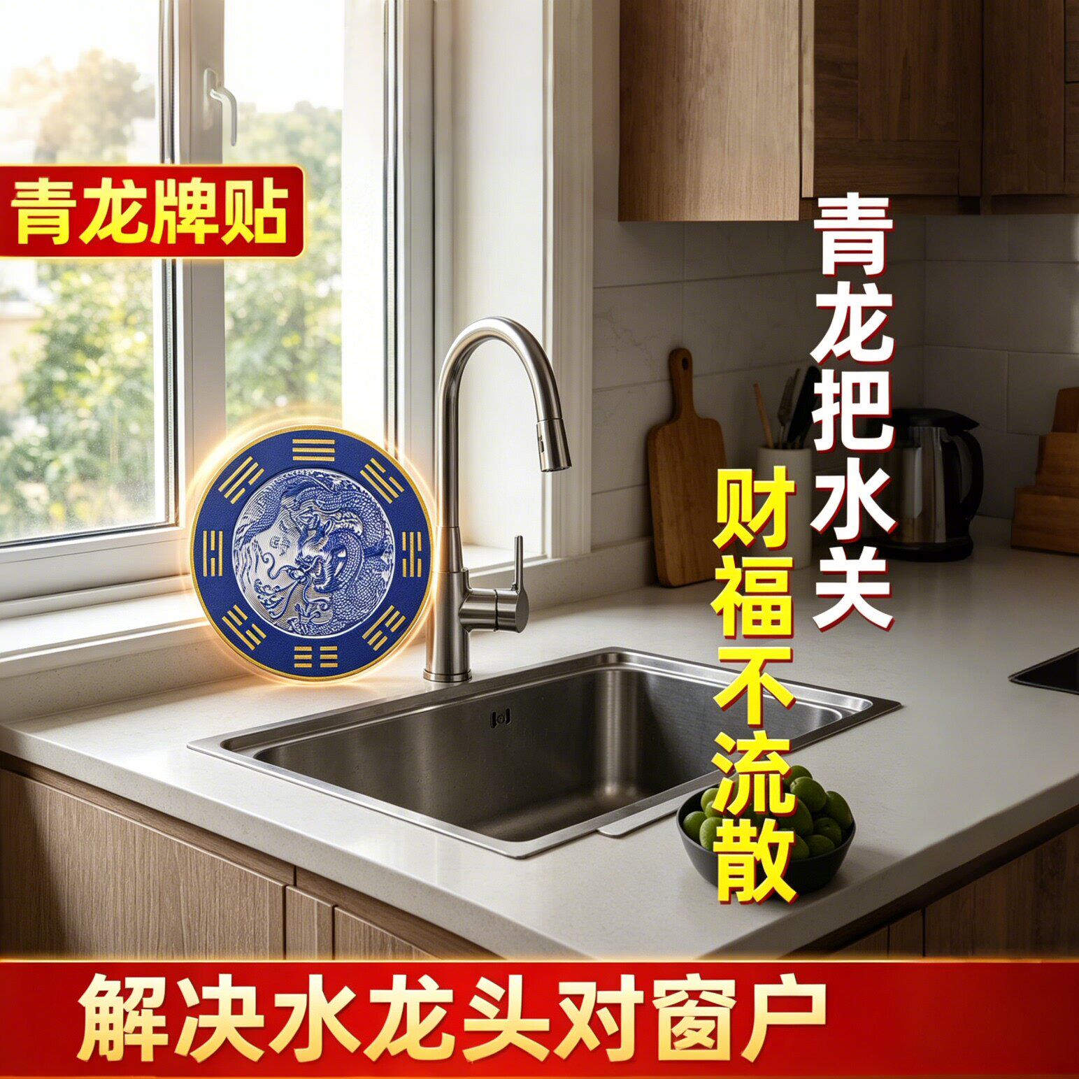 新款合金青龙牌解决水龙头对窗户招财进宝财福不流散聚财贴纸厨房