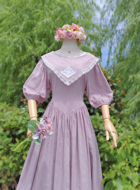 兔子大人｜手作服 vintage古董贴花洋装紫色披肩领暗纹提花连衣裙