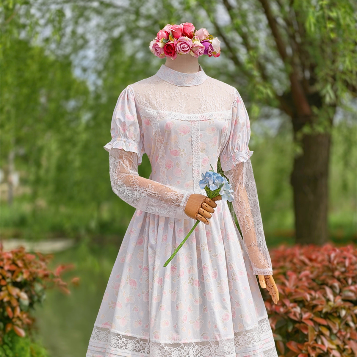 兔子大人|手作服 vintage复古蓝色纯棉蕾丝拼接假两件长袖连衣裙
