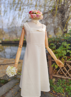 兔子大人｜手作服 vintage法式甜美奶油色蝴蝶结灯芯绒背心连衣裙