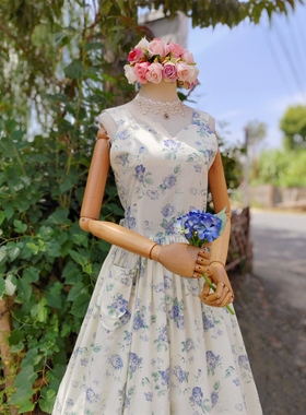 兔子大人｜手作服 vintage法式复古蓝色奶油大花桃心领背心连衣裙