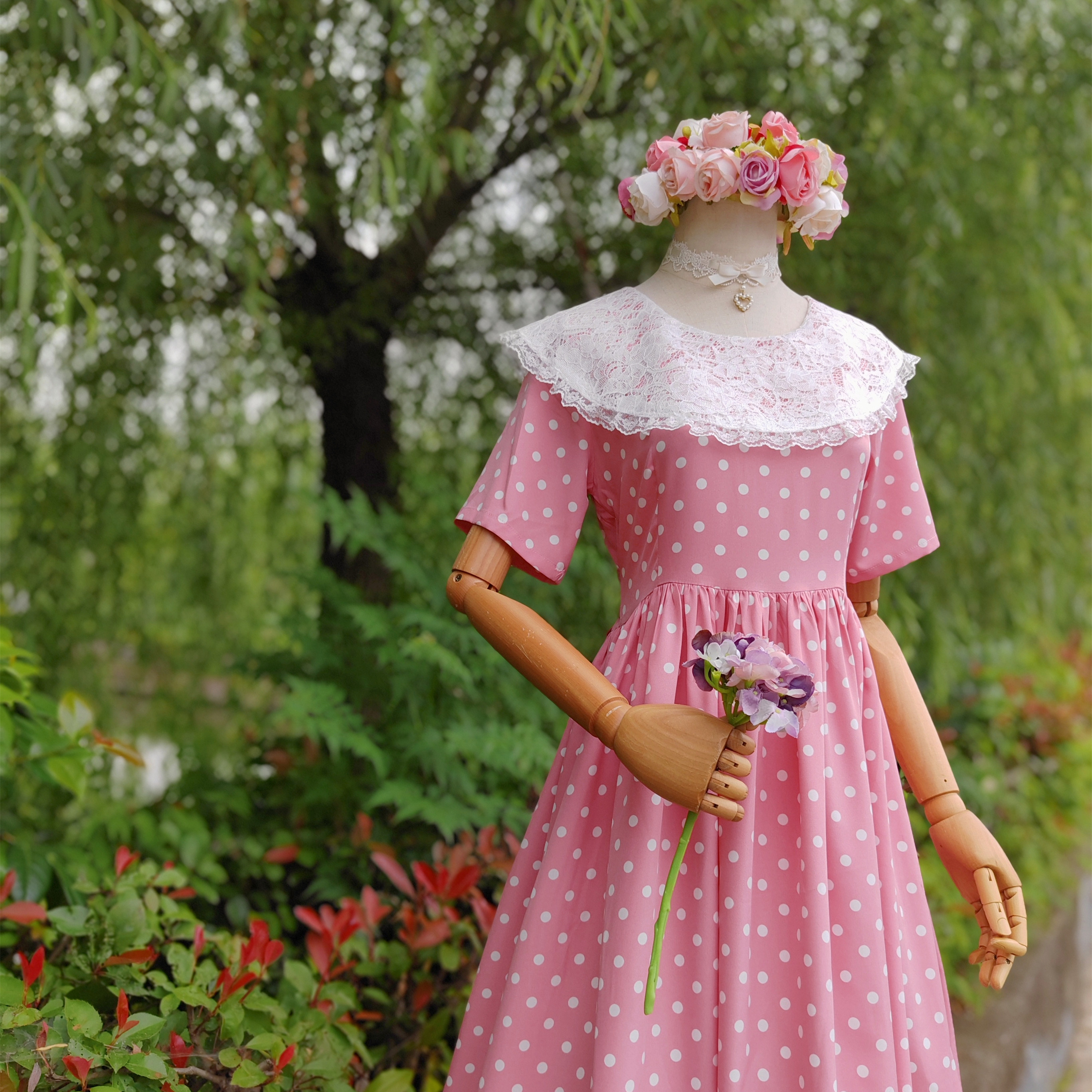 兔子大人手作服 vintage复古昭和风蕾丝披肩领皮粉色波点连衣裙