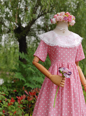 兔子大人手作服 vintage复古昭和风蕾丝披肩领皮粉色波点连衣裙