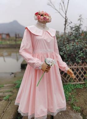兔子大人｜手作服 法式镂空蝴蝶结刺绣大翻领甜美粉色长袖连衣裙