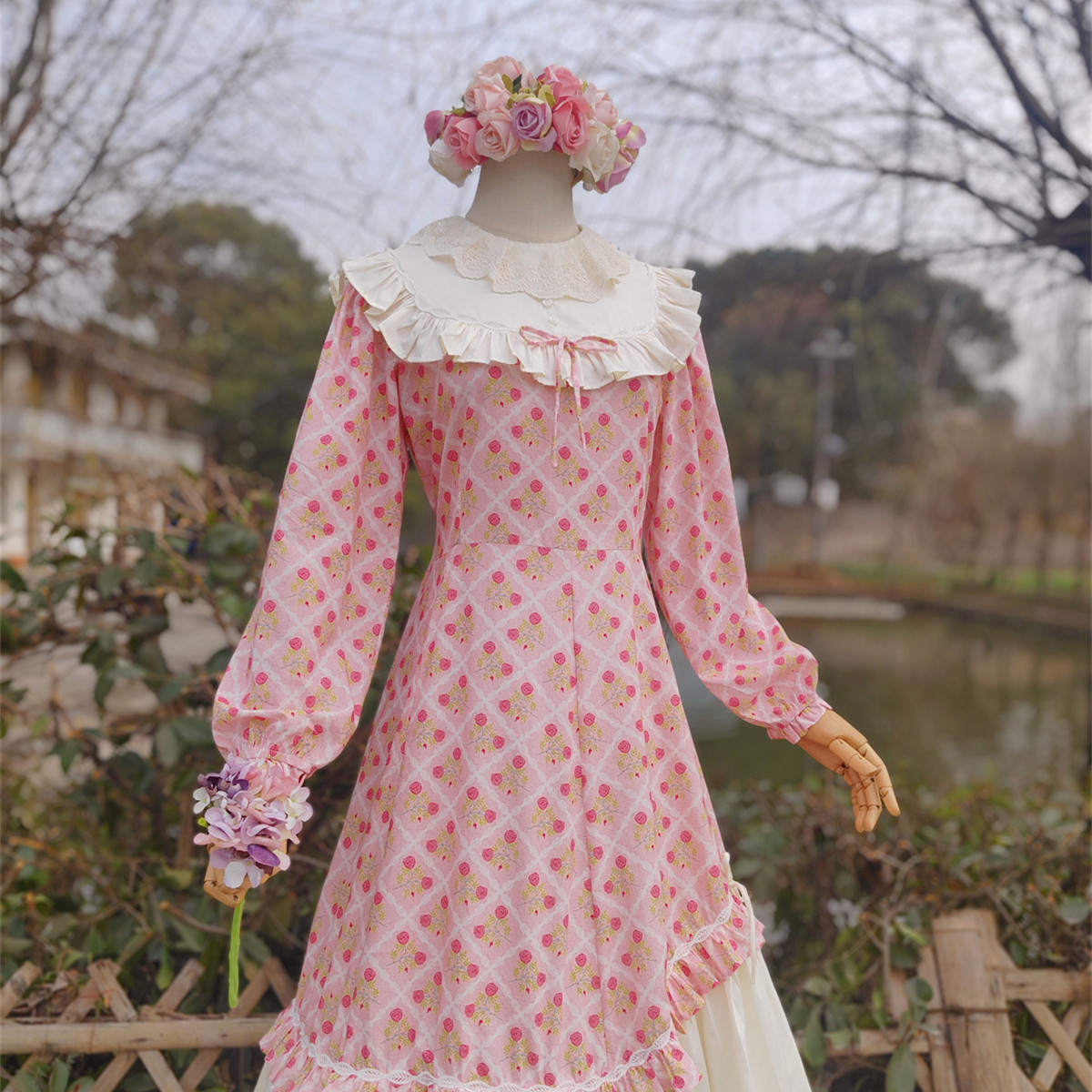兔子大人｜手作服 vintage复古粉色玫瑰格子甜美鱼尾裙摆连衣裙