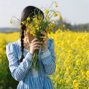 兔子大人｜手作服 vintage巴伐利亚古着风蓝色格子长袖连衣裙