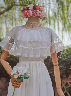 兔子大人｜手作服 vintage复古爱德华时期蕾丝一字领纯棉连衣裙