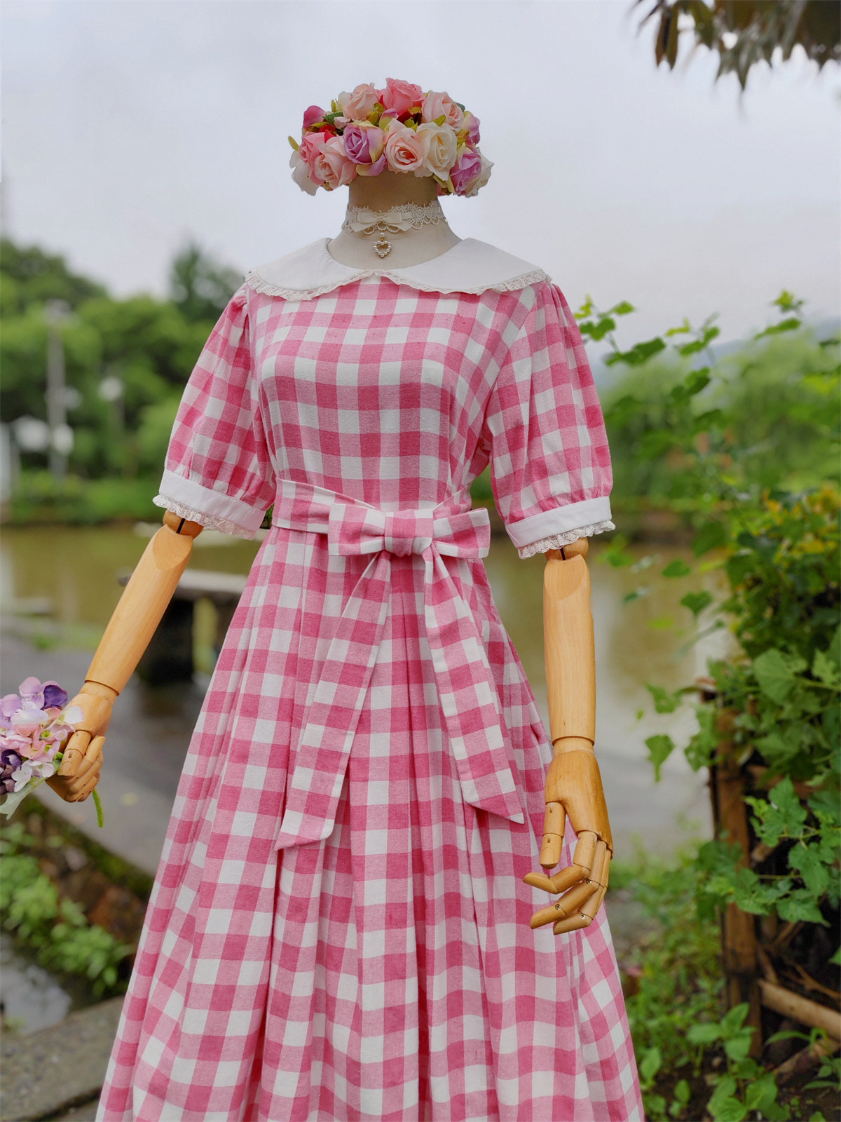 兔子大人｜手作服 vintage古着风复古娃娃领短袖大格子百褶连衣裙