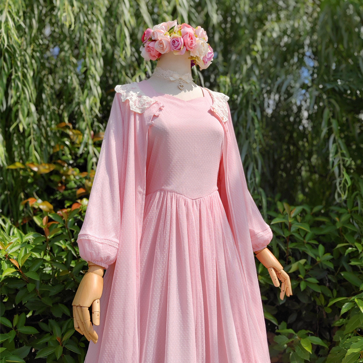 兔子大人｜手作服 vintage古董点纱日系复古蕾丝长袖罩衫开衫裙