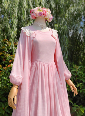 兔子大人｜手作服 vintage古董点纱日系复古蕾丝长袖罩衫开衫裙