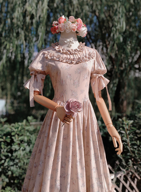 兔子大人｜手作服 vintage古董绑带袖洋装甜美木耳边领连衣裙长款