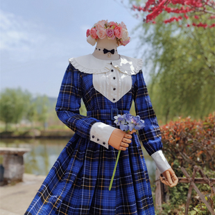 兔子大人｜手作服 日系少女春秋冬偏厚磨毛棉格子连衣裙配腰带